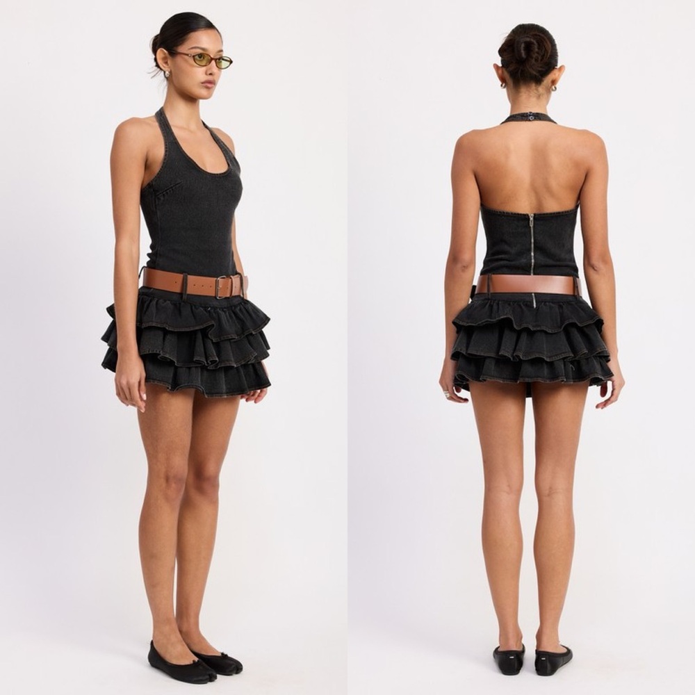 Rodeo Queen Belted Ruffled Dark Denim Mini Dress - Picture 3 of 5